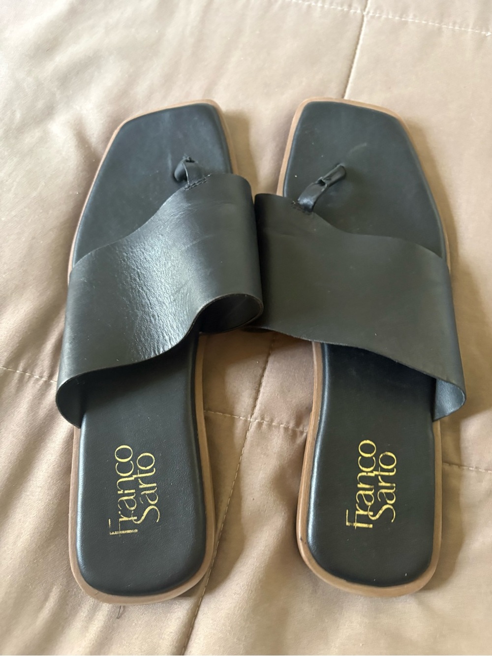 Franco Sarto Black Leather Square-Toe Slide Sandals